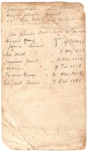 Back of the envelope, noting the date of James Walker & Margaret Johnston’s wedding, and DoB of their children, written (I believe) by their son – Thomas George Walker.